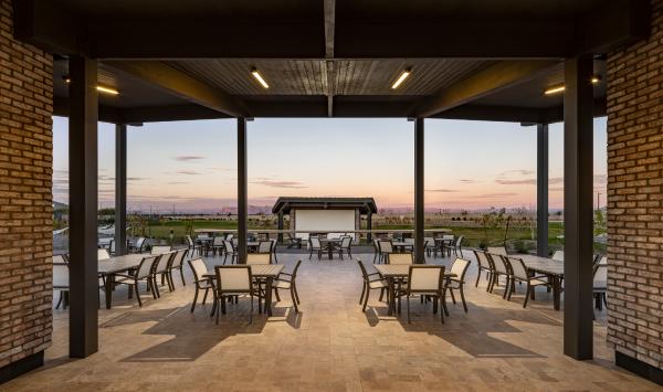 Community pavilion and amphitheater for events and outdoor living